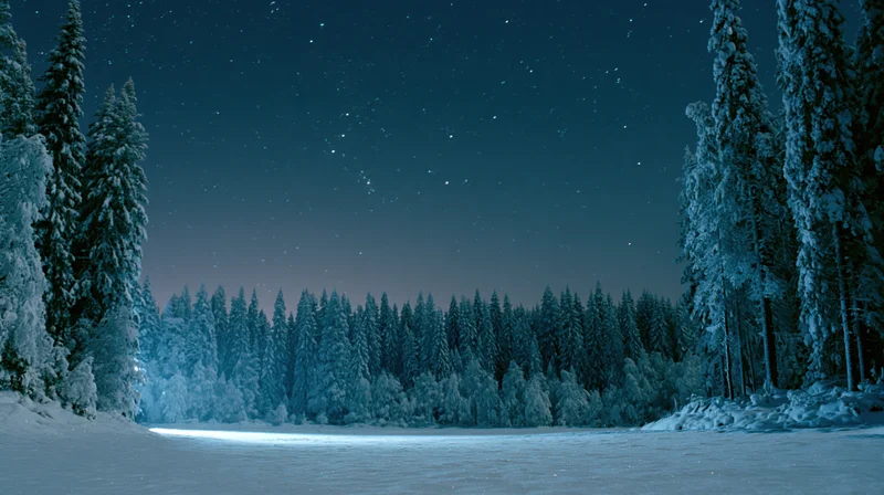 Snow-covered pine forest at night with stars reflecting on frozen lake surface