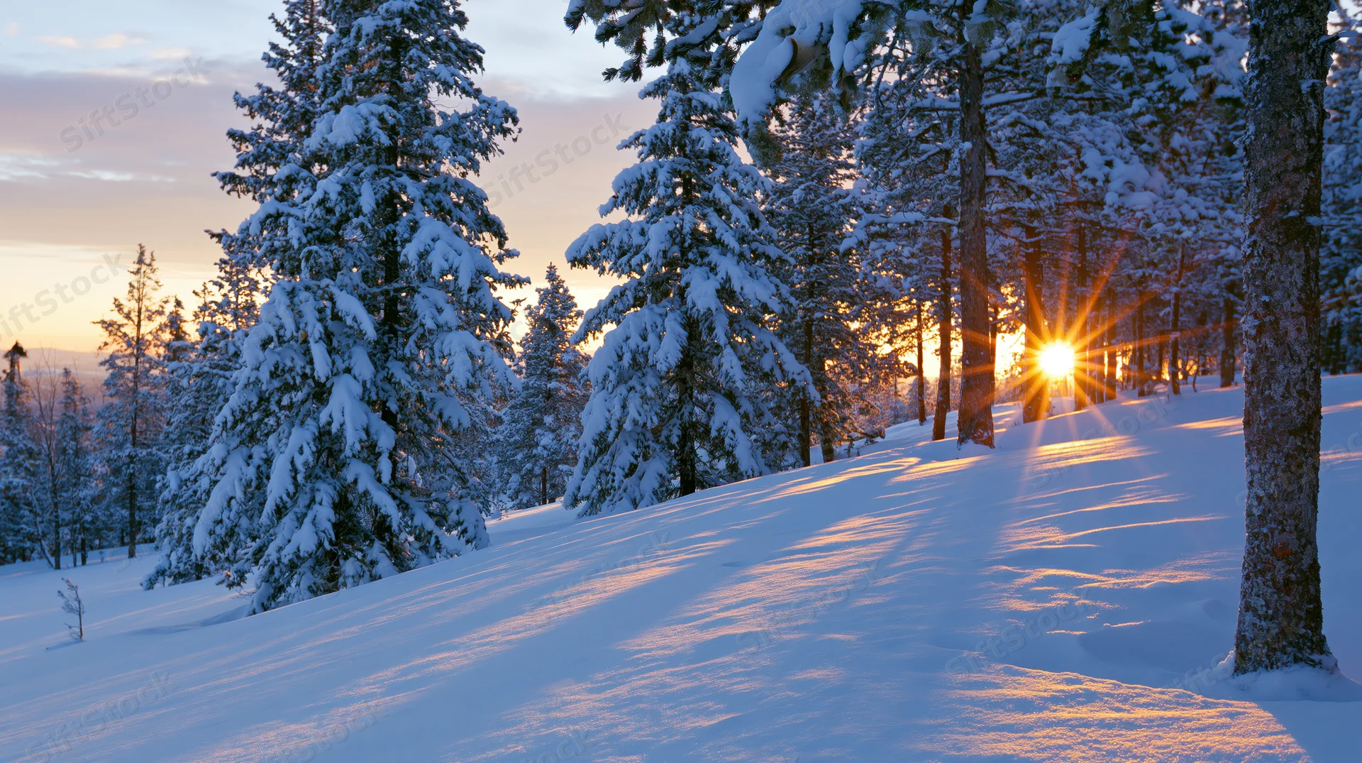 Snow-covered pine trees on a sloped forest hill at golden hour sunset