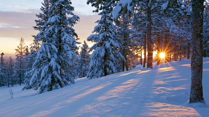 Snow-covered pine trees on a sloped forest hill at golden hour sunset