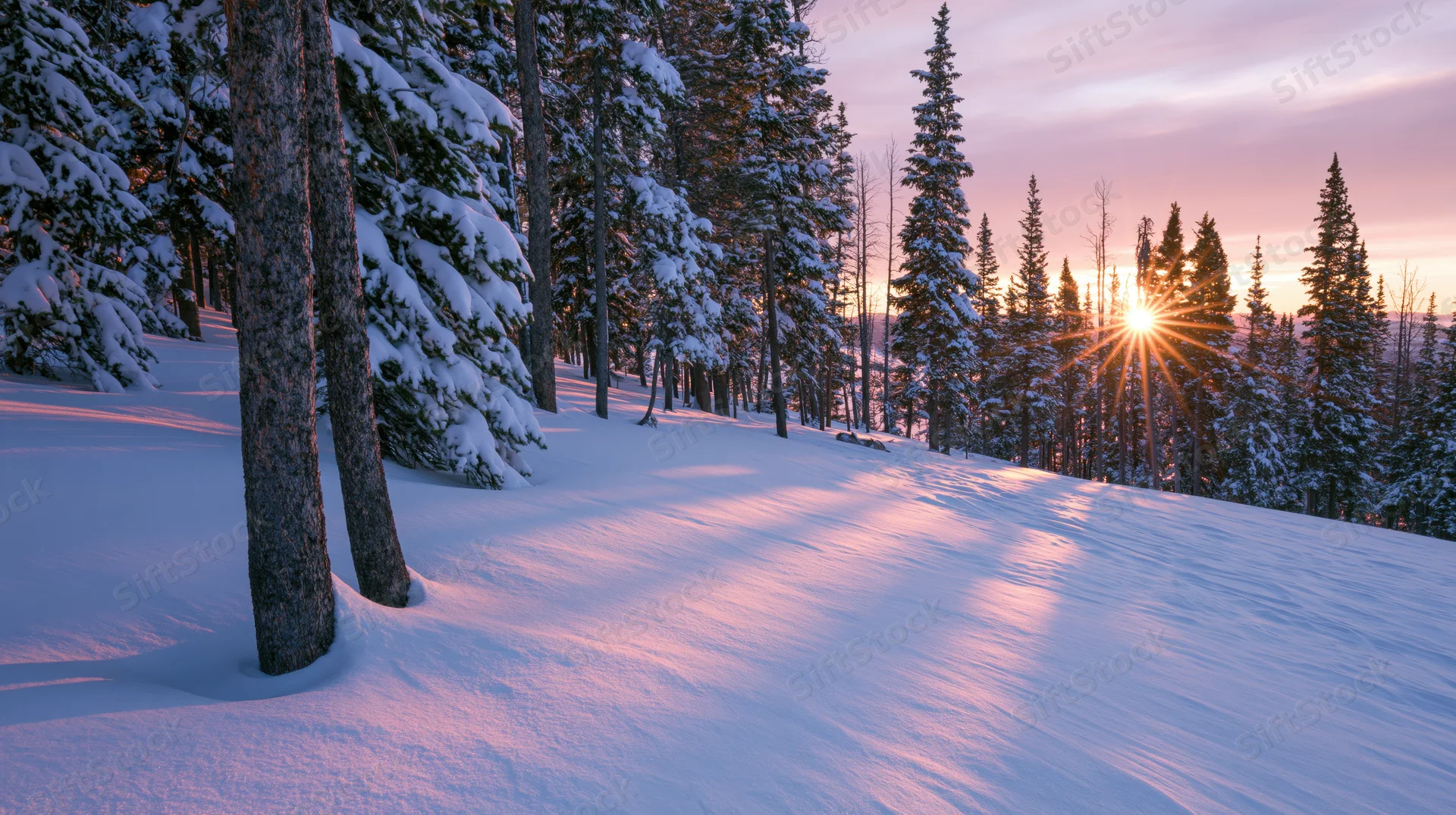 Snow-covered pine trees on a mountain slope at sunset with pink and purple sky