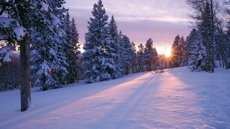 Snow-covered evergreen trees lining a gentle slope at sunrise in a winter forest