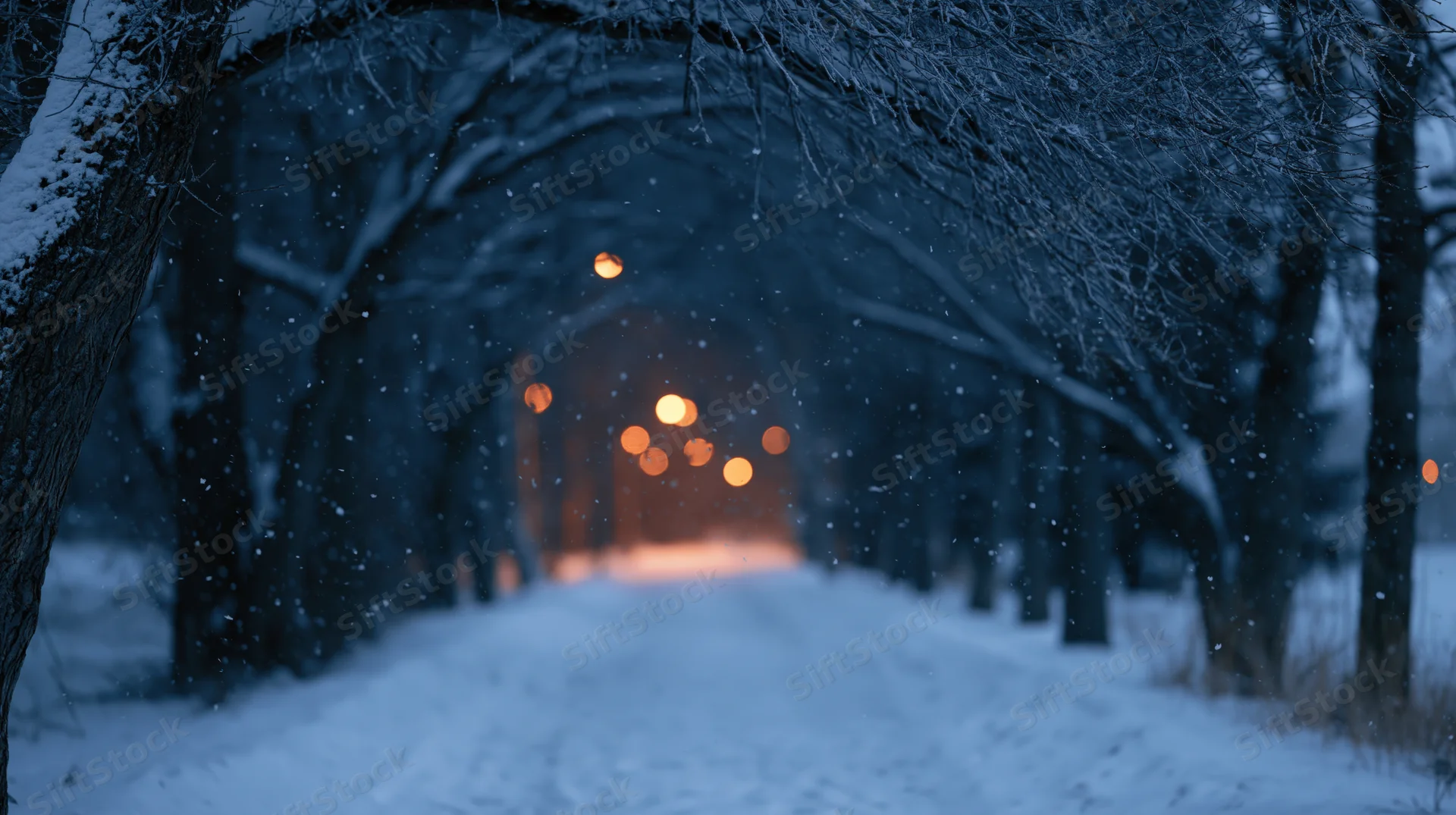 Snow-covered path through a tree tunnel at night with glowing lights in the distance