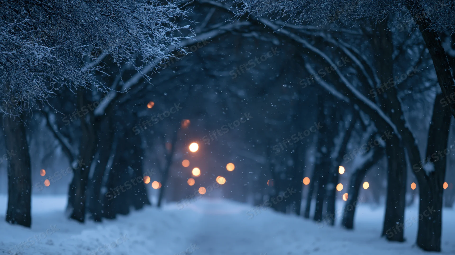 Snow-covered pathway lined with trees and glowing lights at night in winter forest