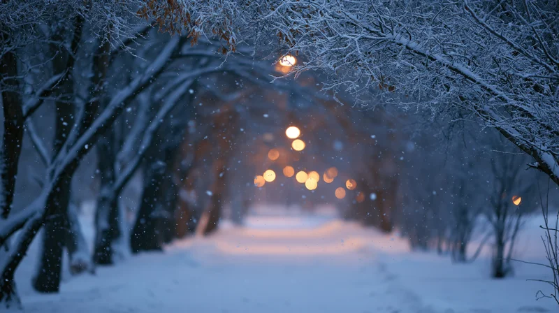 Snow-covered path through snow-laden trees at night with glowing streetlights in the distance