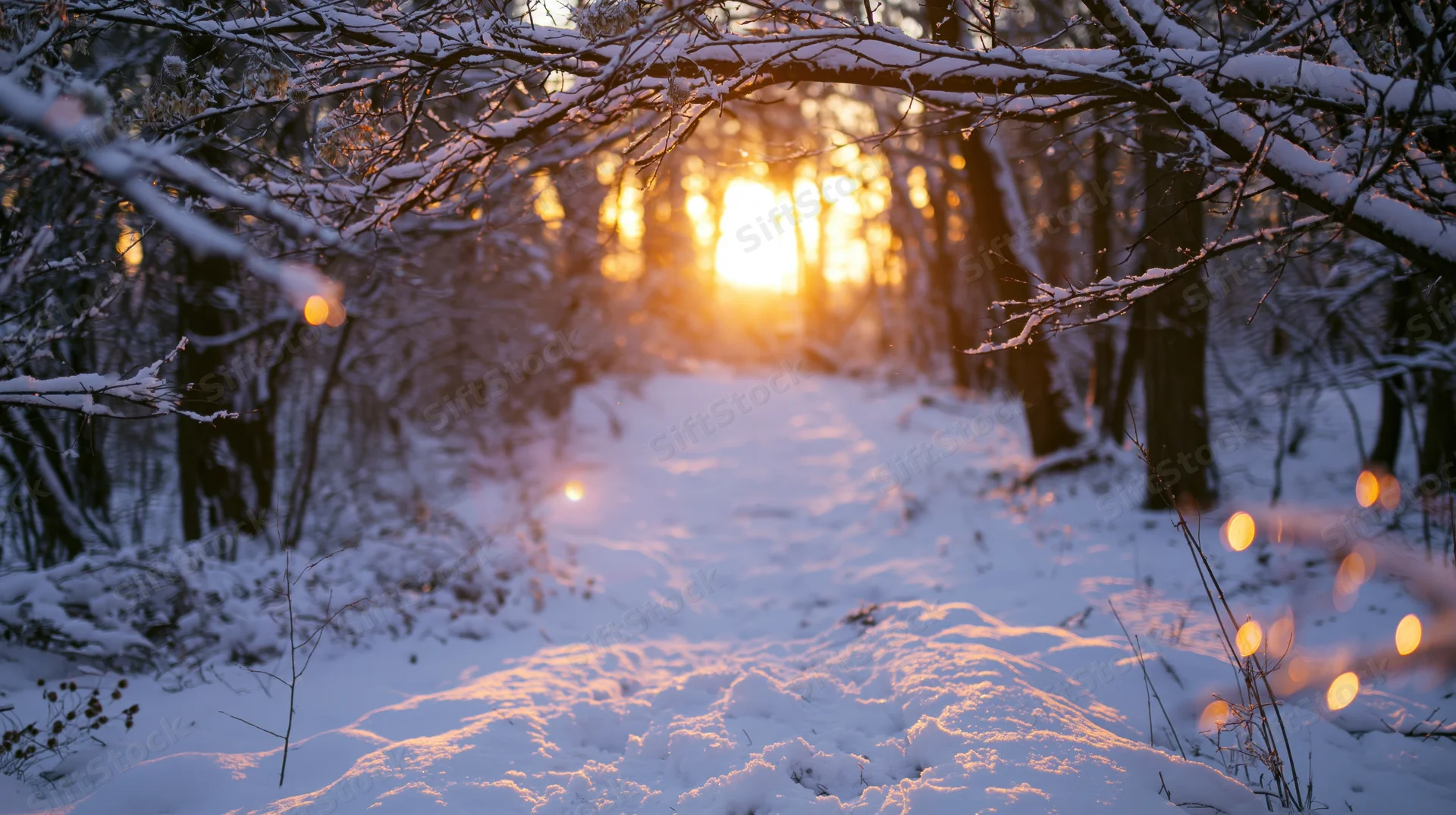 Snow-covered path through winter forest at sunset with golden light filtering through bare branches