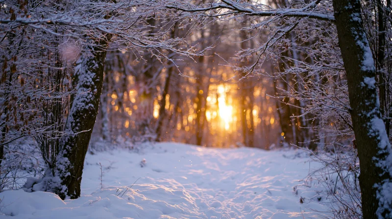 Snow-covered forest path at sunset with golden light filtering through bare trees