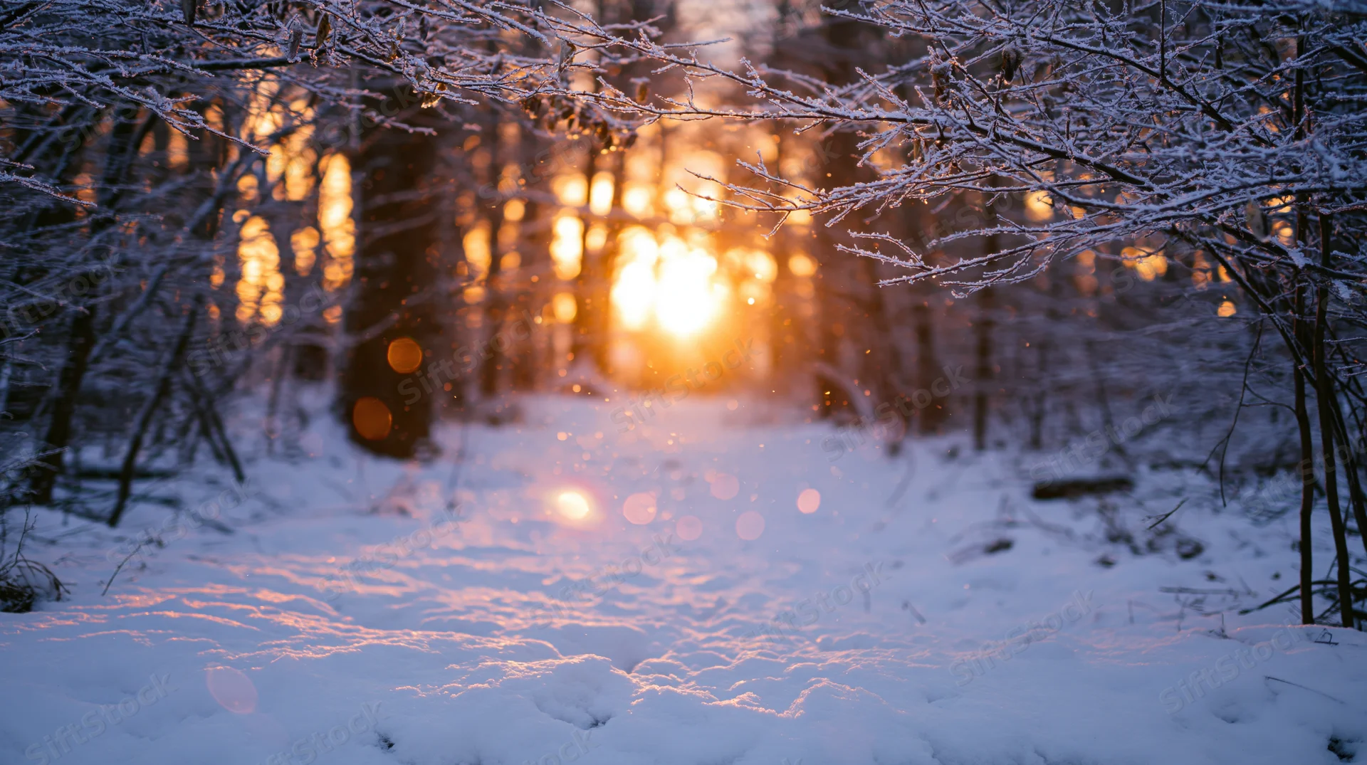 Snow-covered forest path at sunset with frosty branches framing golden light