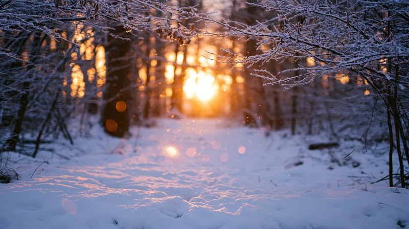 Snow-covered forest path at sunset with frosty branches framing golden light