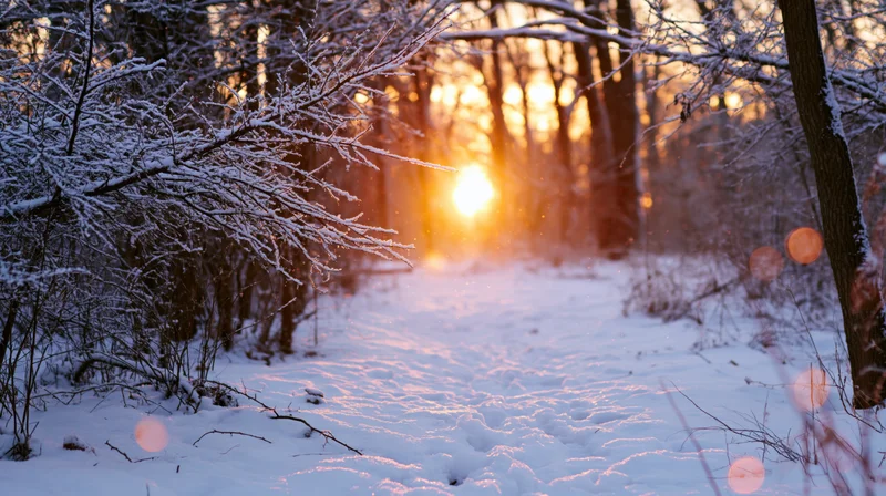 Snow-covered path through a winter forest at sunset with golden light filtering through bare trees