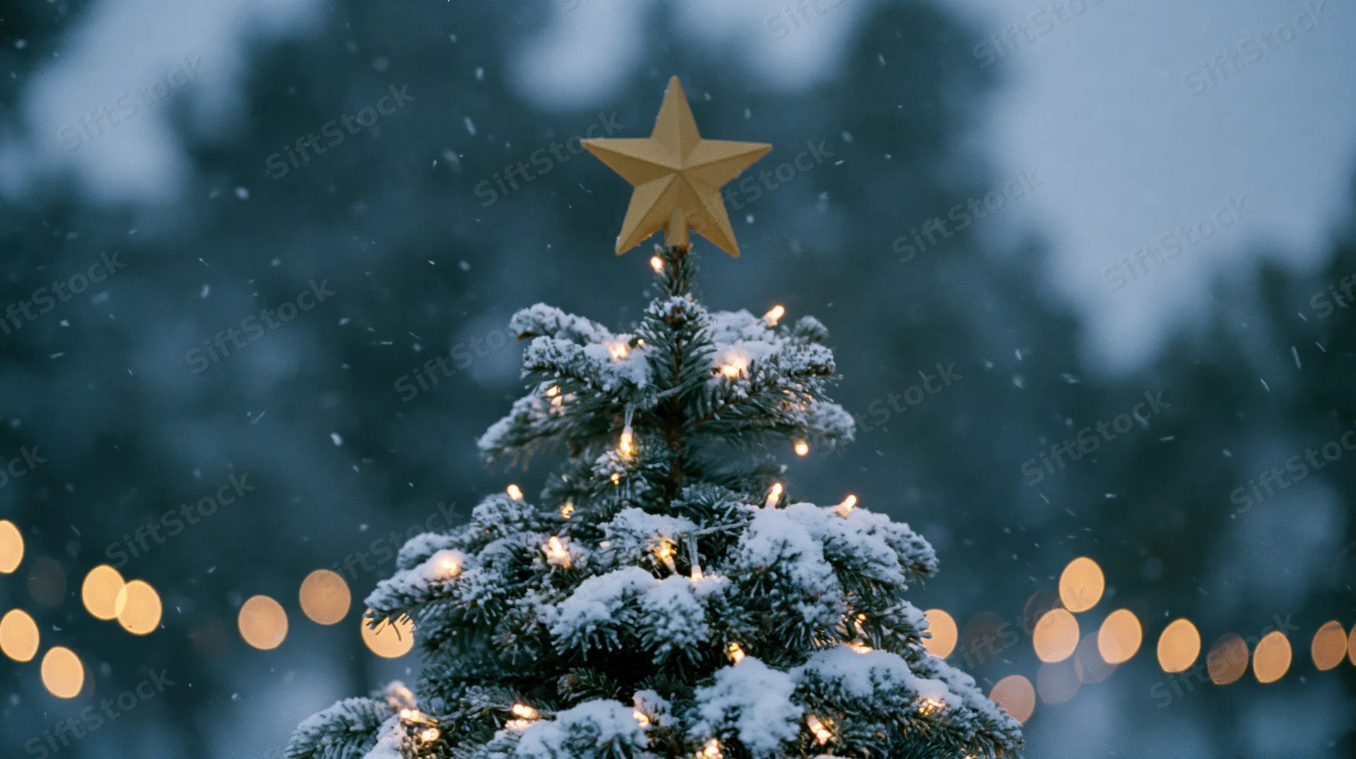 Snow-covered christmas tree decorated with lights and a golden star, outdoors at night with blurred lights in background