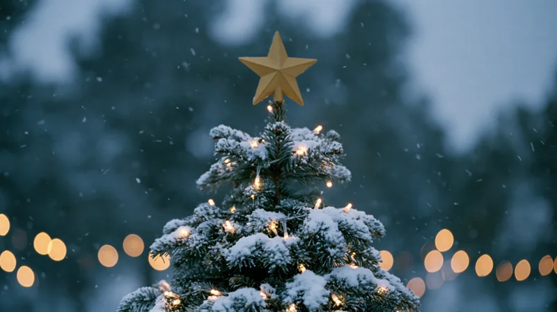 Snow-covered christmas tree decorated with lights and a golden star, outdoors at night with blurred lights in background
