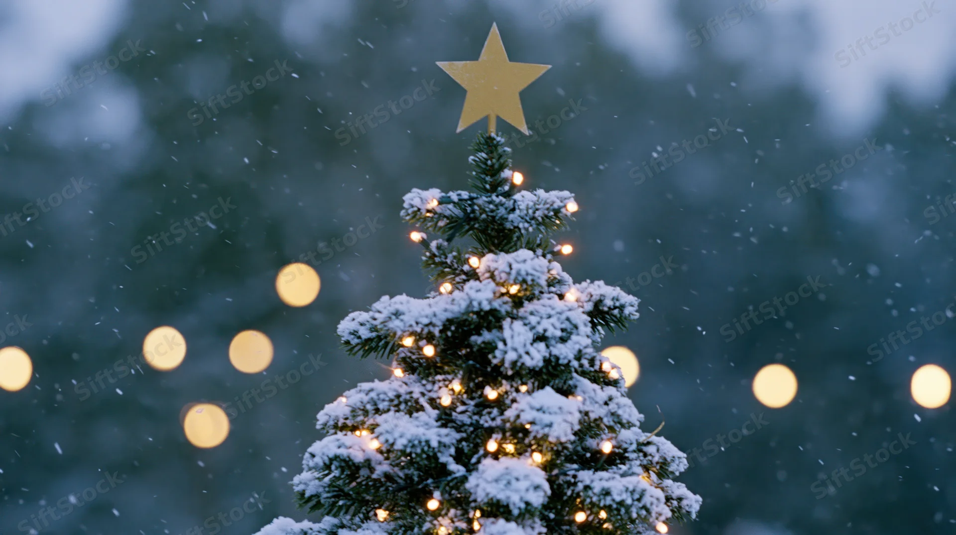 Snow-covered christmas tree with golden star and warm lights in a winter forest at twilight