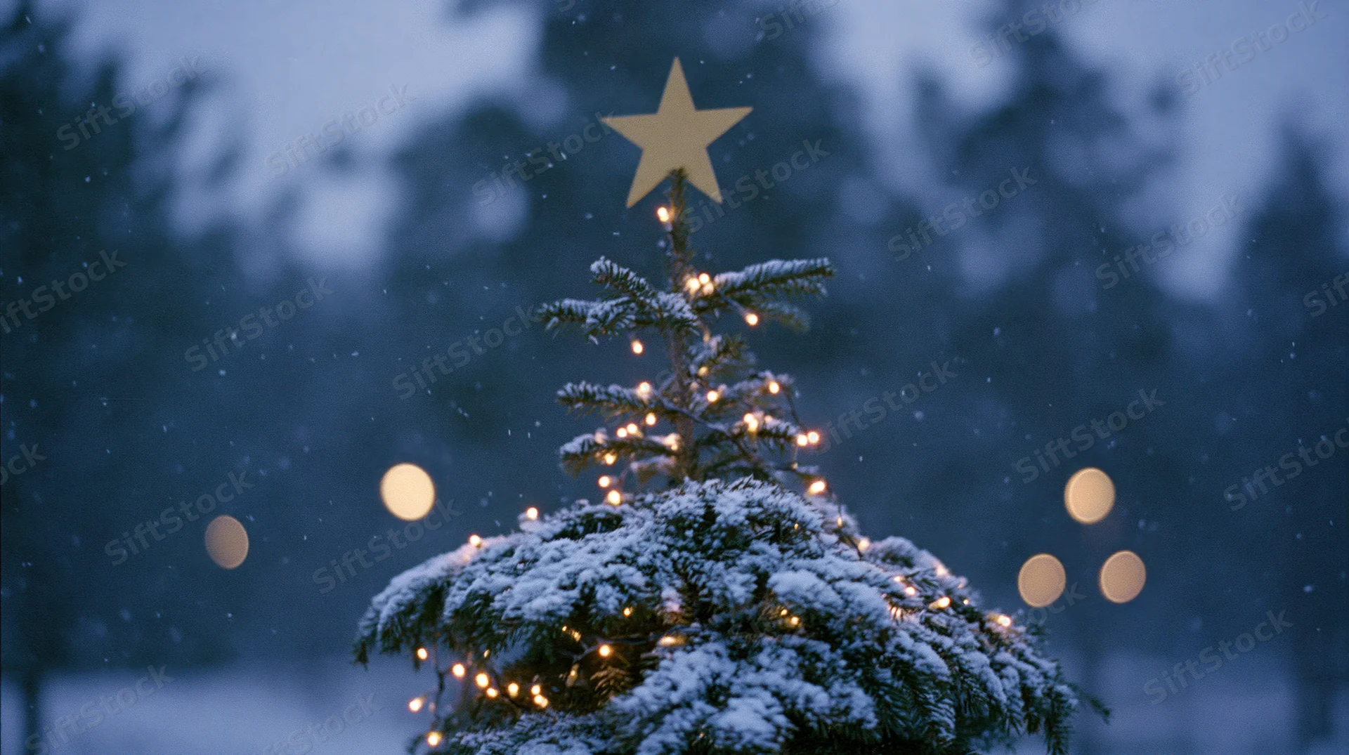 Snow-covered christmas tree decorated with lights and a star at night in a winter forest