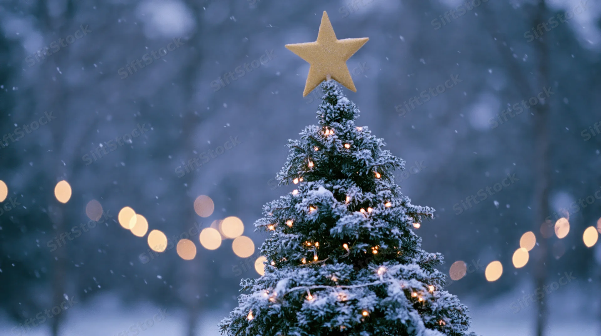 Snow-covered christmas tree decorated with warm lights and a golden star at night in a winter forest