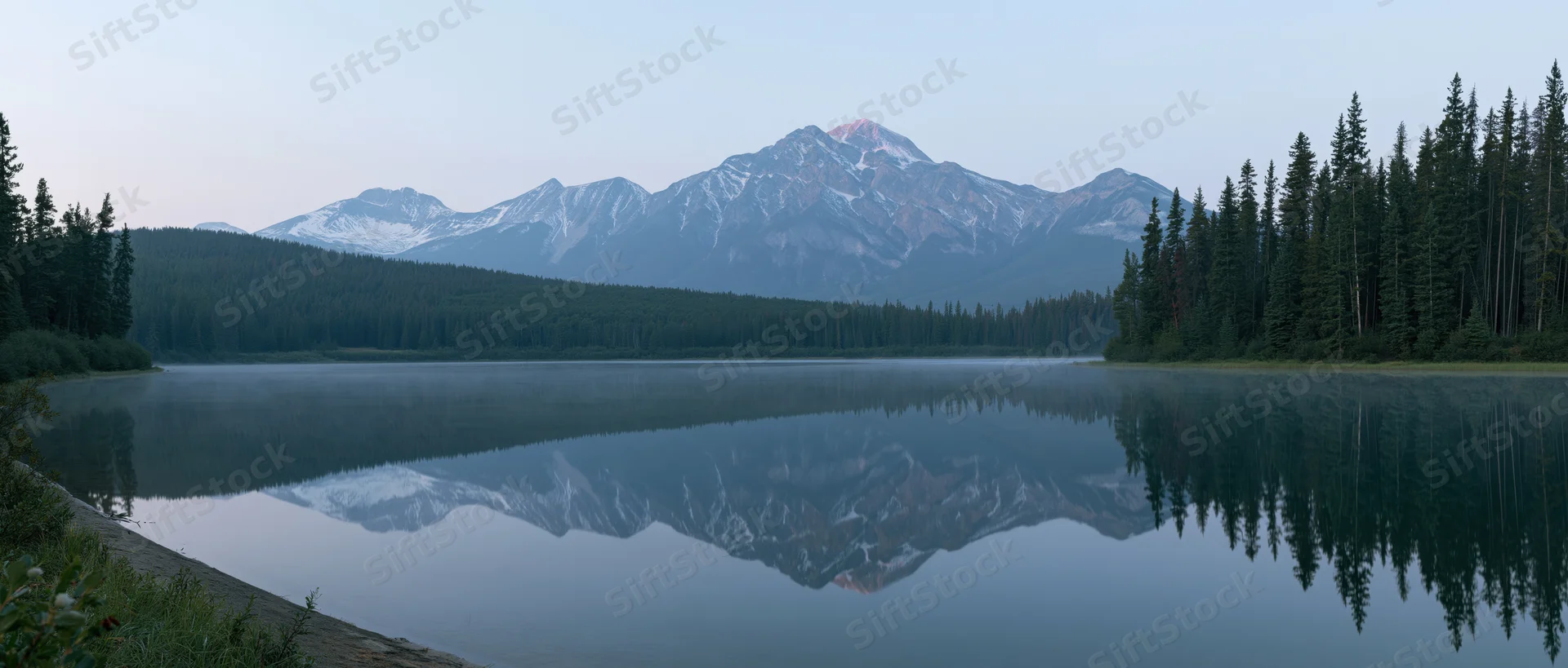 Snow-capped mountain reflected in calm lake surrounded by evergreen forest