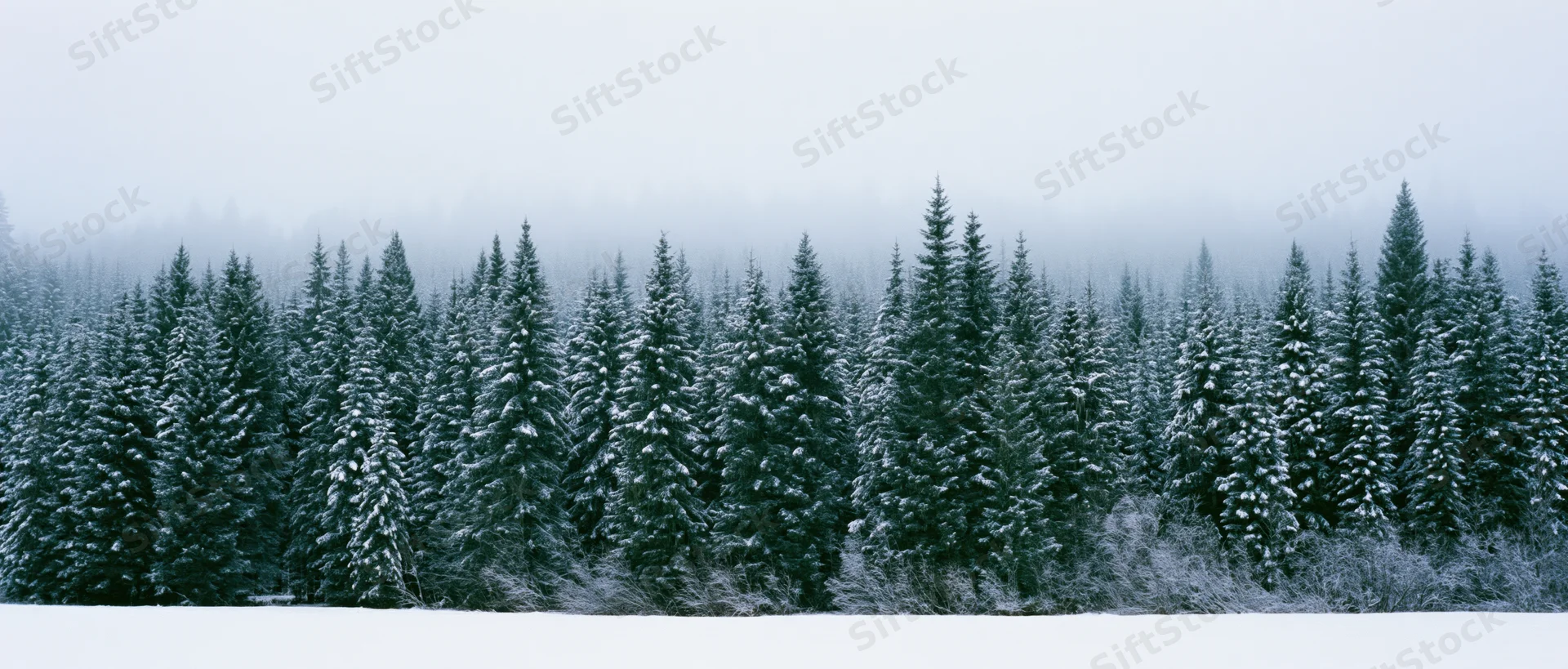 Snow-covered evergreen trees in a dense forest under foggy winter sky