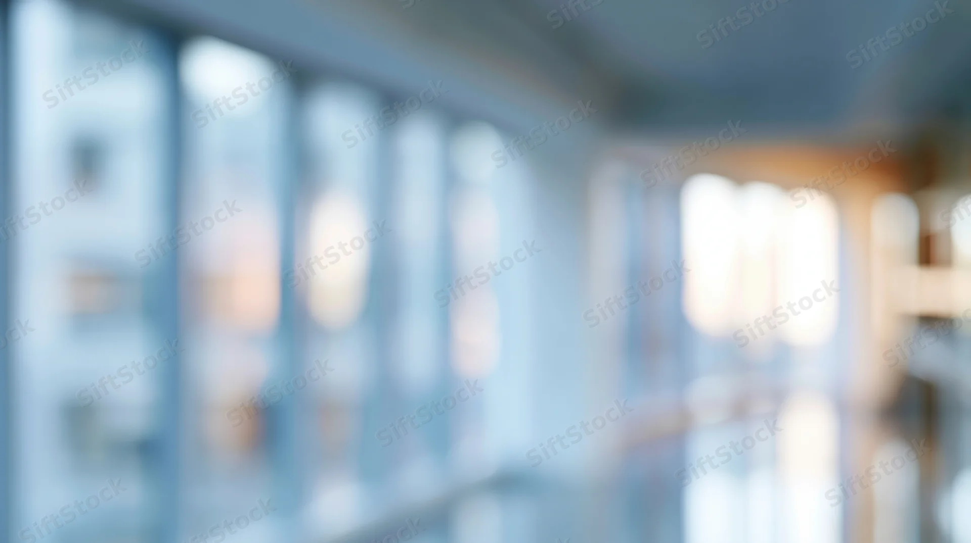 Blurred interior hallway with glass walls and soft lighting in a modern office building
