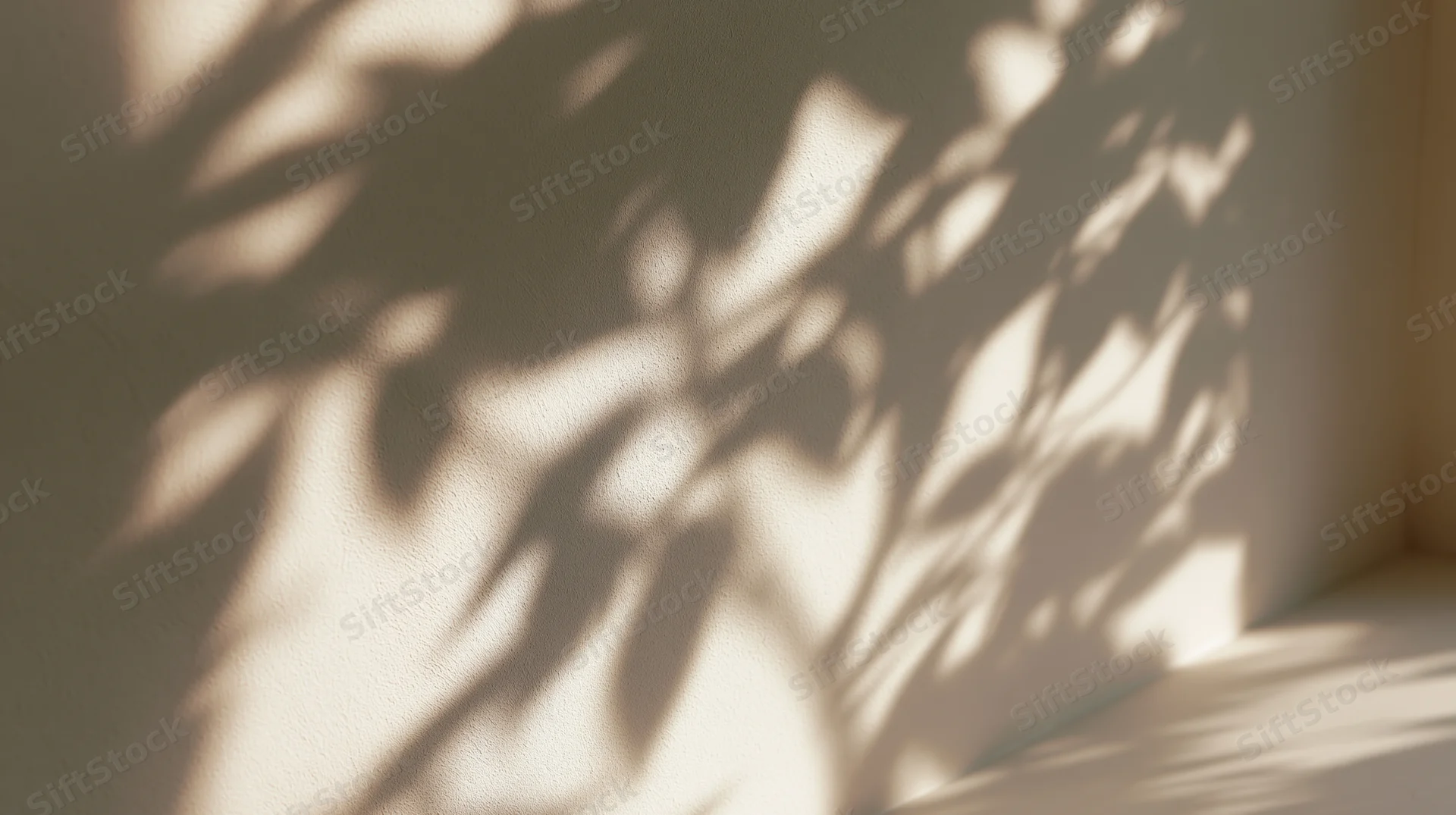 Leaf shadows cast on a beige interior wall in a corner of a room
