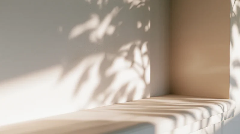 Sunlight casting leaf shadows on a white wall and shelf in a minimalist interior corner