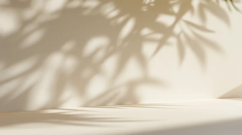 Dappled leaf shadows on a beige wall and surface in a minimalist interior
