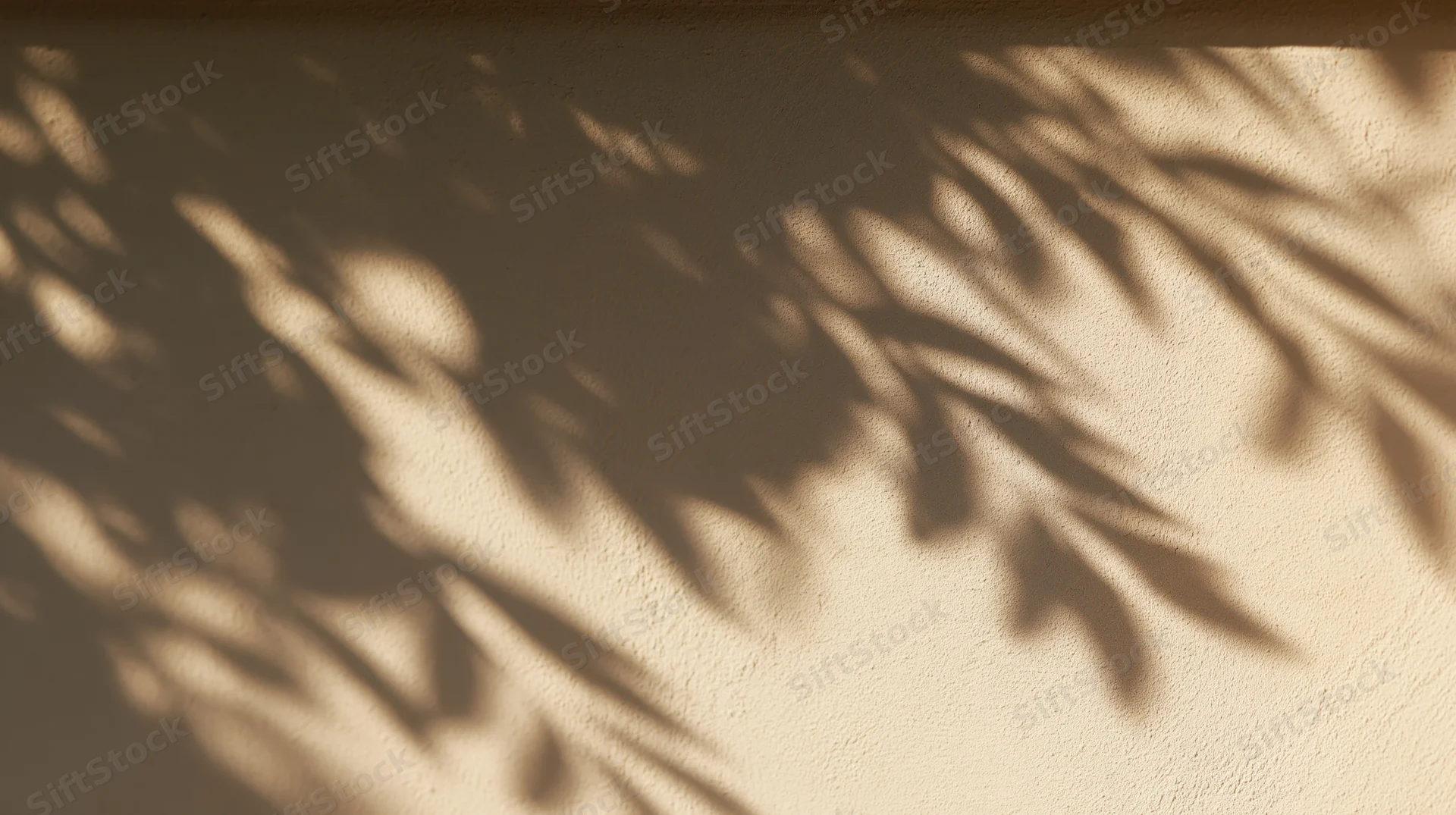 Leaf shadows cast on a textured beige wall in natural sunlight