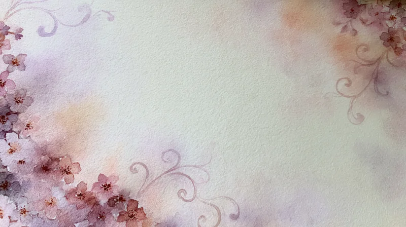 Watercolor floral design with cherry blossoms arranged in corners as a decorative border on a soft pastel background