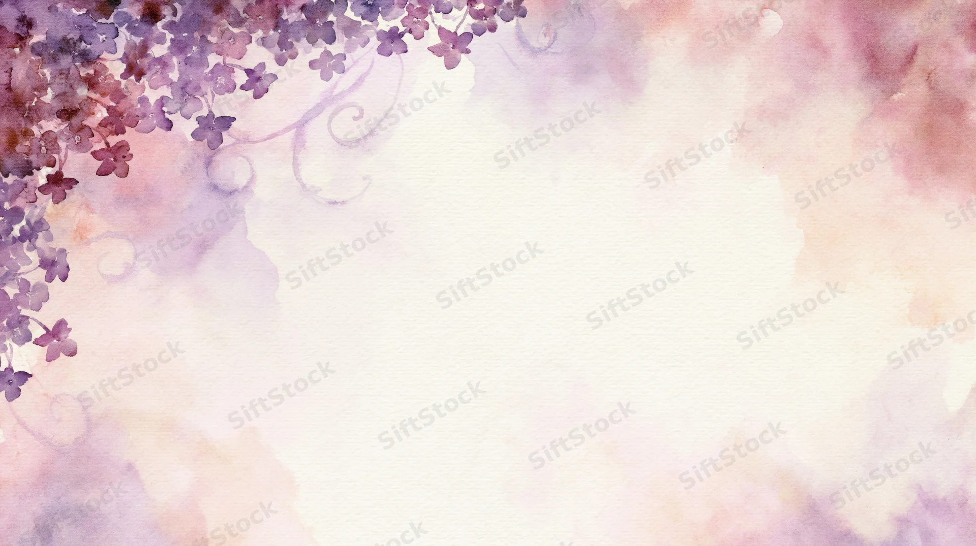 Watercolor floral frame with purple and pink blossoms arranged along the top left corner, leaving a soft blank space for text