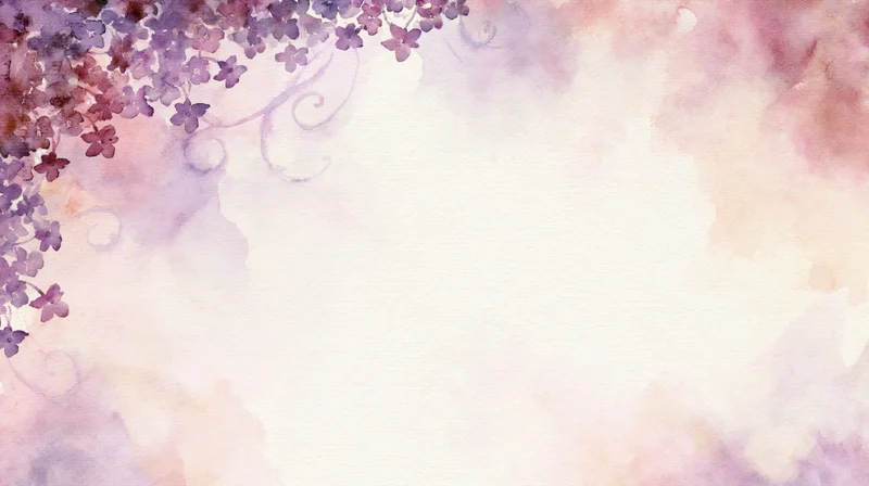 Watercolor floral frame with purple and pink blossoms arranged along the top left corner, leaving a soft blank space for text