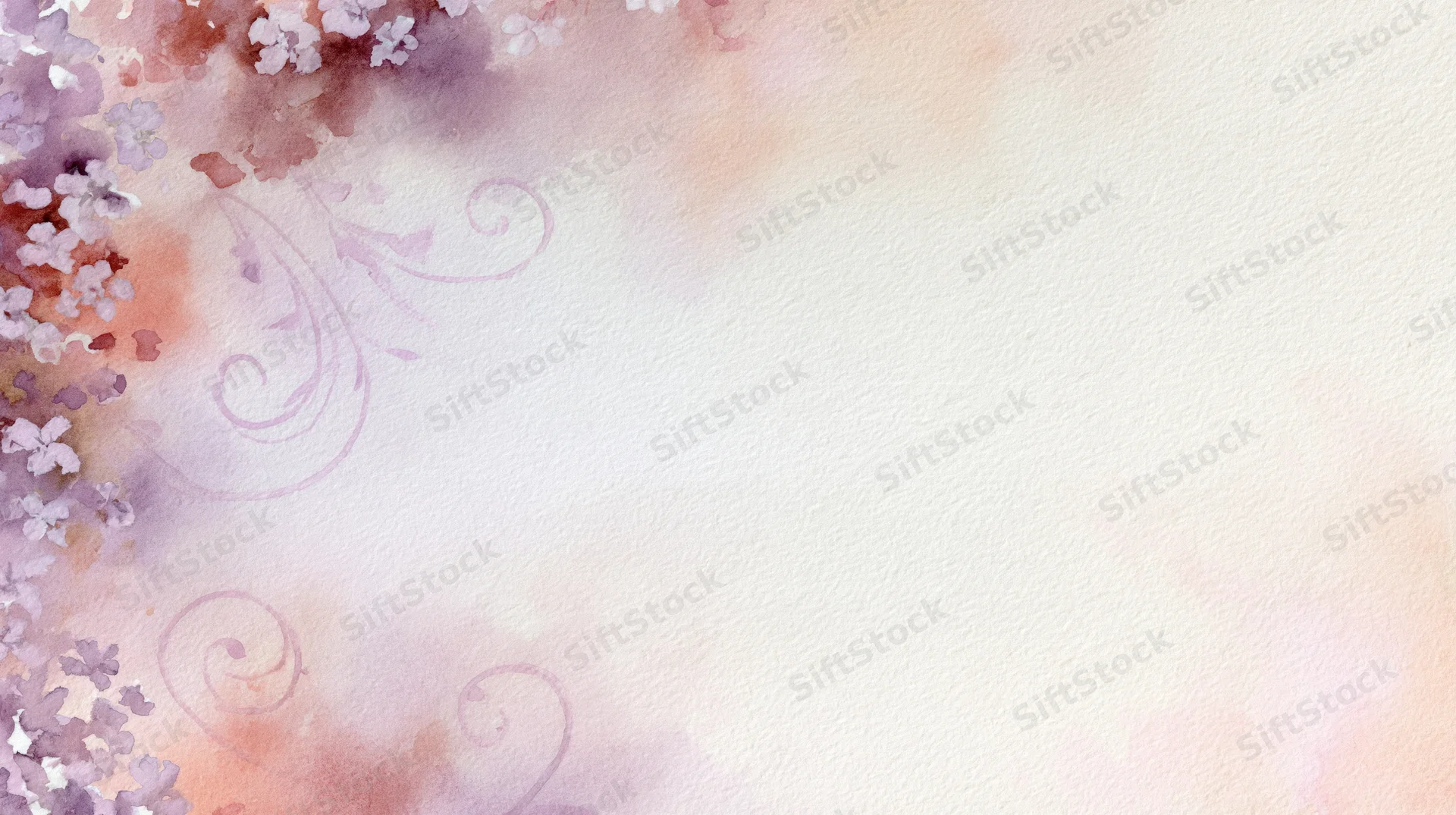 Watercolor floral border with soft pink and purple blossoms and swirls on textured paper background