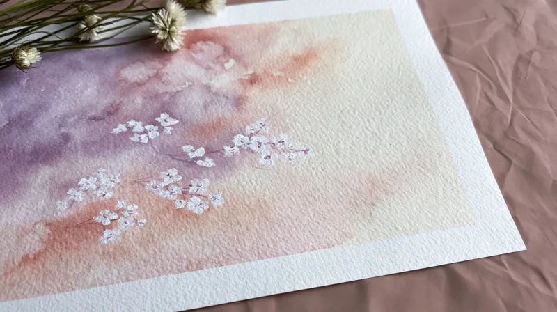 Watercolor painting of white cherry blossoms on pastel gradient background with dried flowers beside it on textured paper