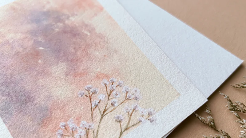Watercolor floral painting on textured paper with dried flowers beside it