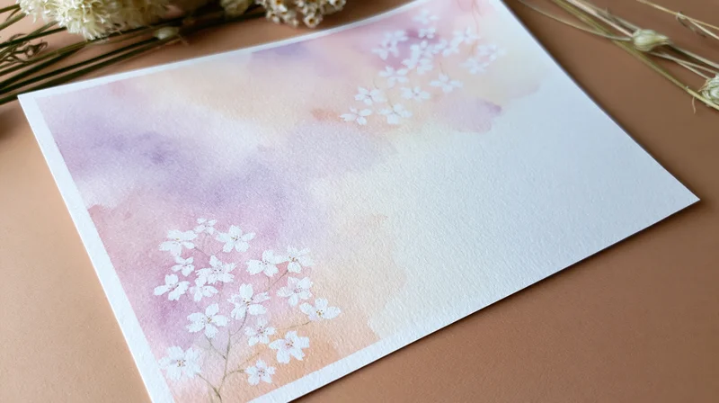 Watercolor floral card with pastel blossoms on textured paper, arranged flat on a warm surface with dried flowers nearby
