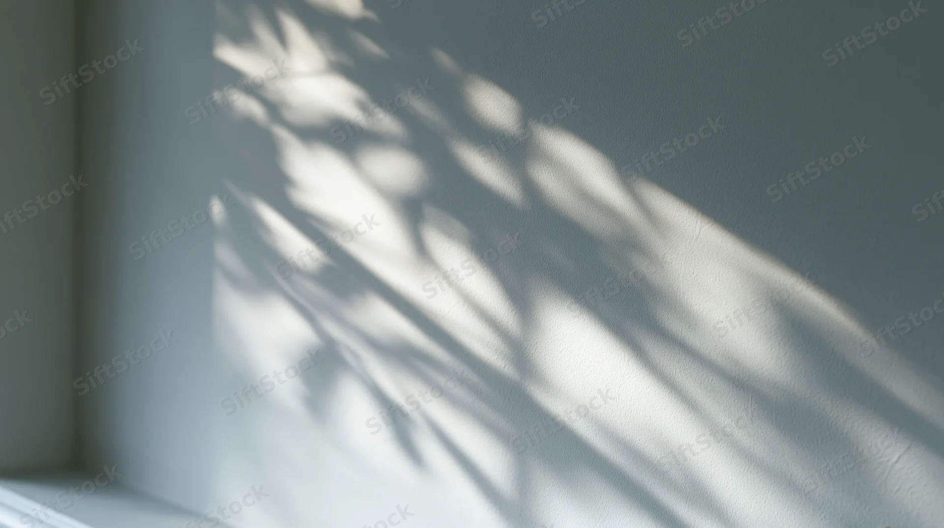 Sunlight casting leaf shadows on a gray interior wall near a window corner