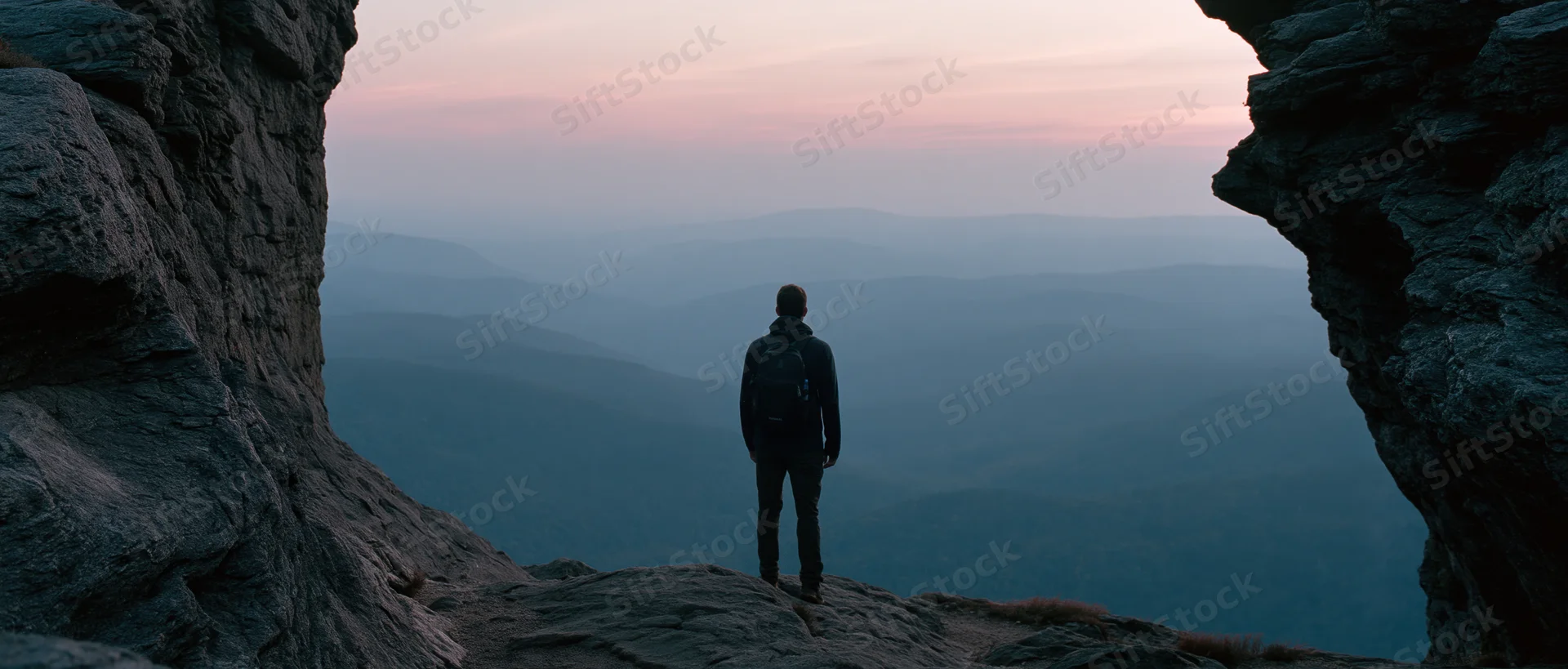 Man with backpack standing on rocky cliff overlooking mountain valley at sunset