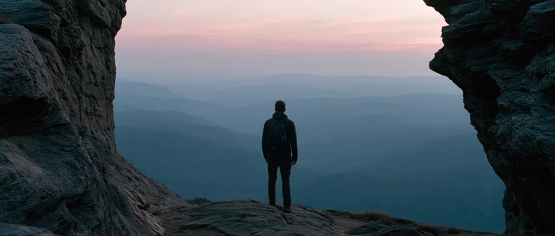 Man with backpack standing on rocky cliff overlooking mountain valley at sunset