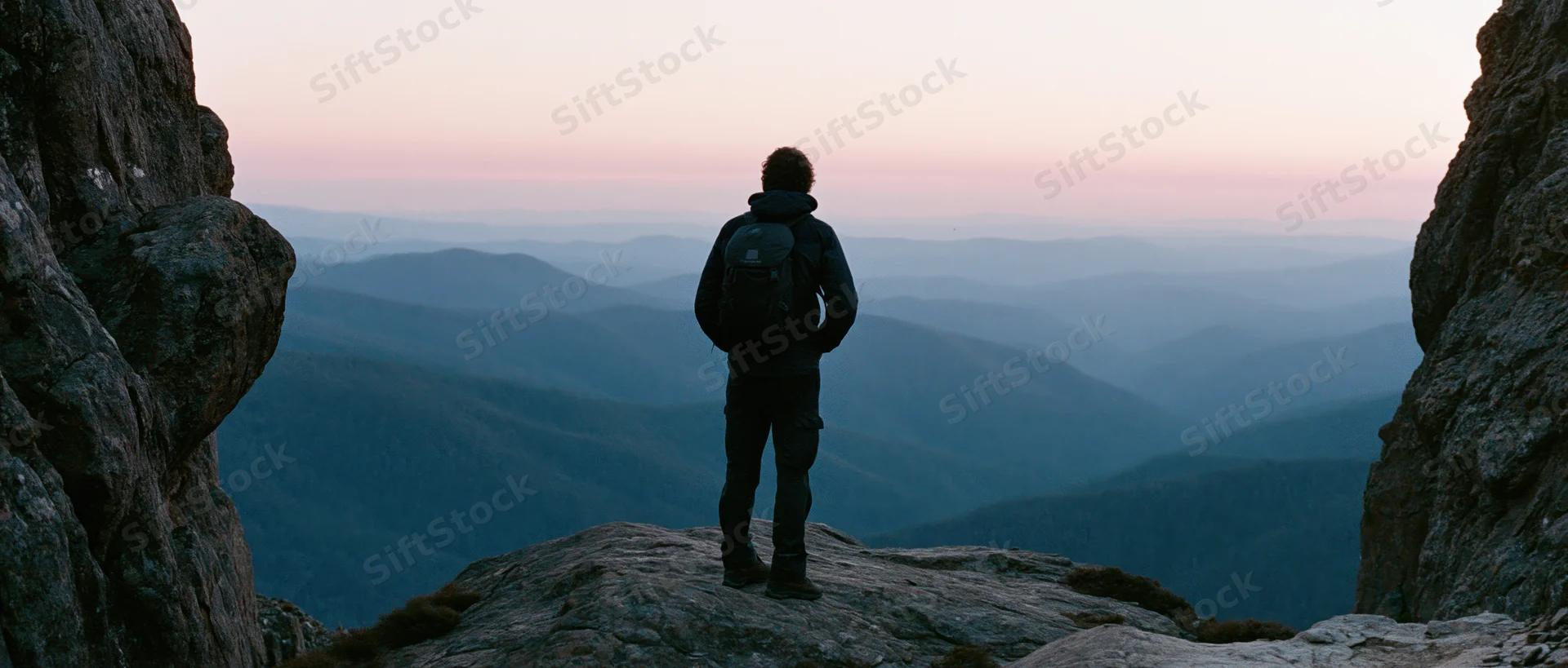 Hiker standing on rocky ridge overlooking mountain valley at sunset