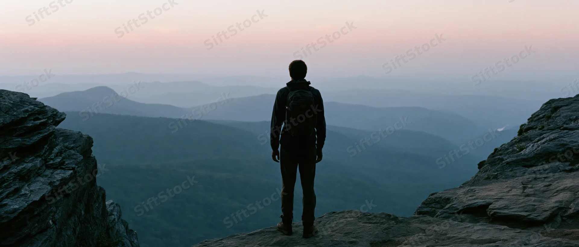 Man with backpack standing on cliff edge overlooking mountain valley at sunset