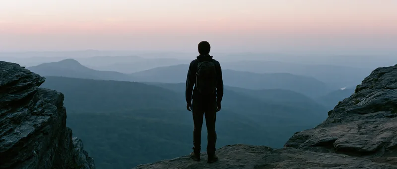 Man with backpack standing on cliff edge overlooking mountain valley at sunset
