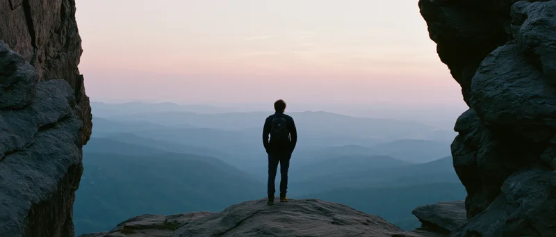 Man with backpack standing on rocky summit overlooking layered mountain valley at dusk