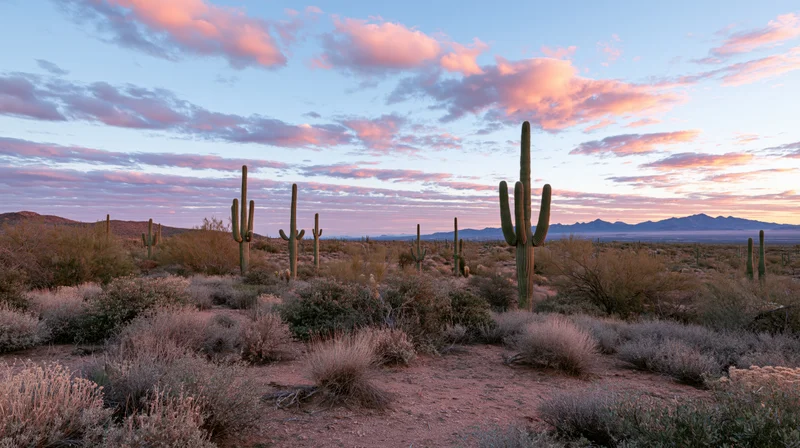 Saguaro cacti standing in a desert landscape at sunset with pink clouds and distant mountains
