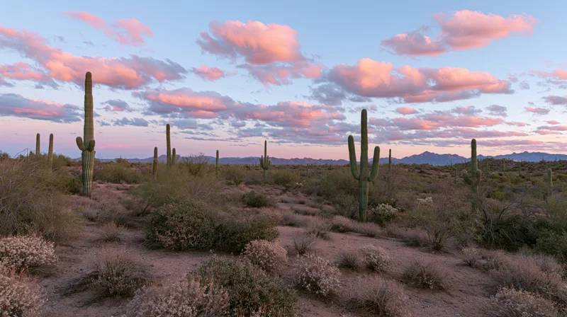 Saguaro cacti standing in a desert landscape at sunset with pink clouds and distant mountains