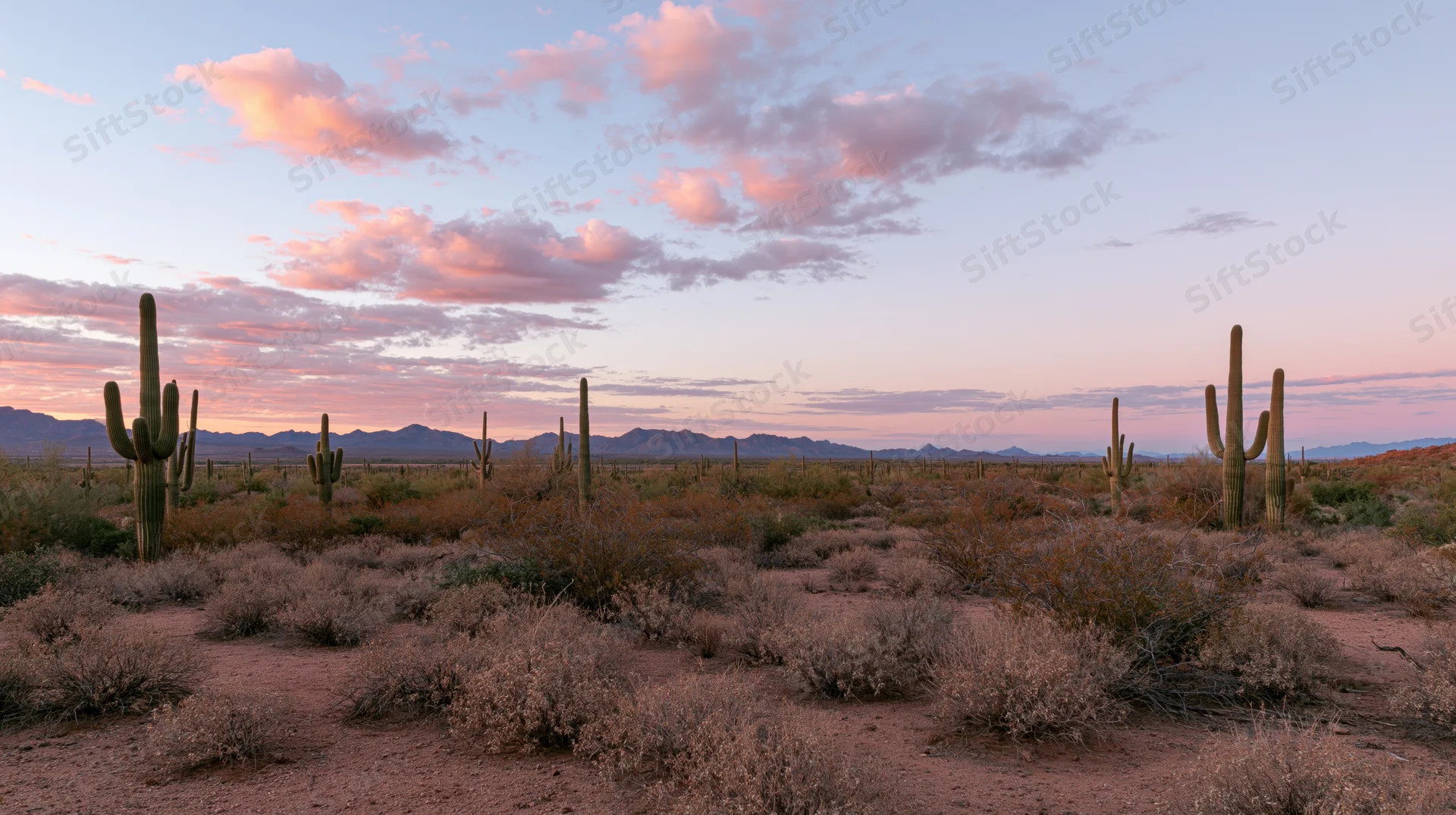 Saguaro cacti standing in a desert landscape at sunset with distant mountains and pink clouds above