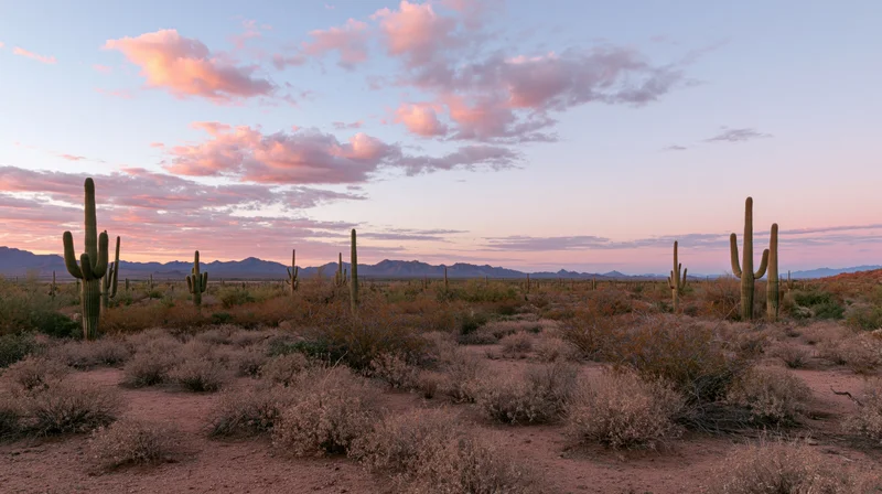 Saguaro cacti standing in a desert landscape at sunset with distant mountains and pink clouds above
