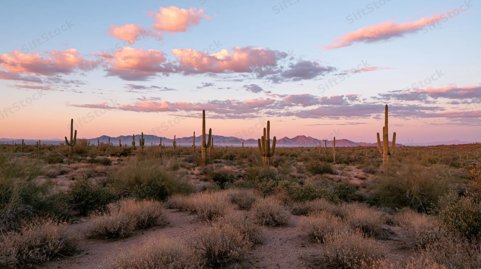 Saguaro cacti standing in a desert landscape at sunset with pink clouds and distant mountains