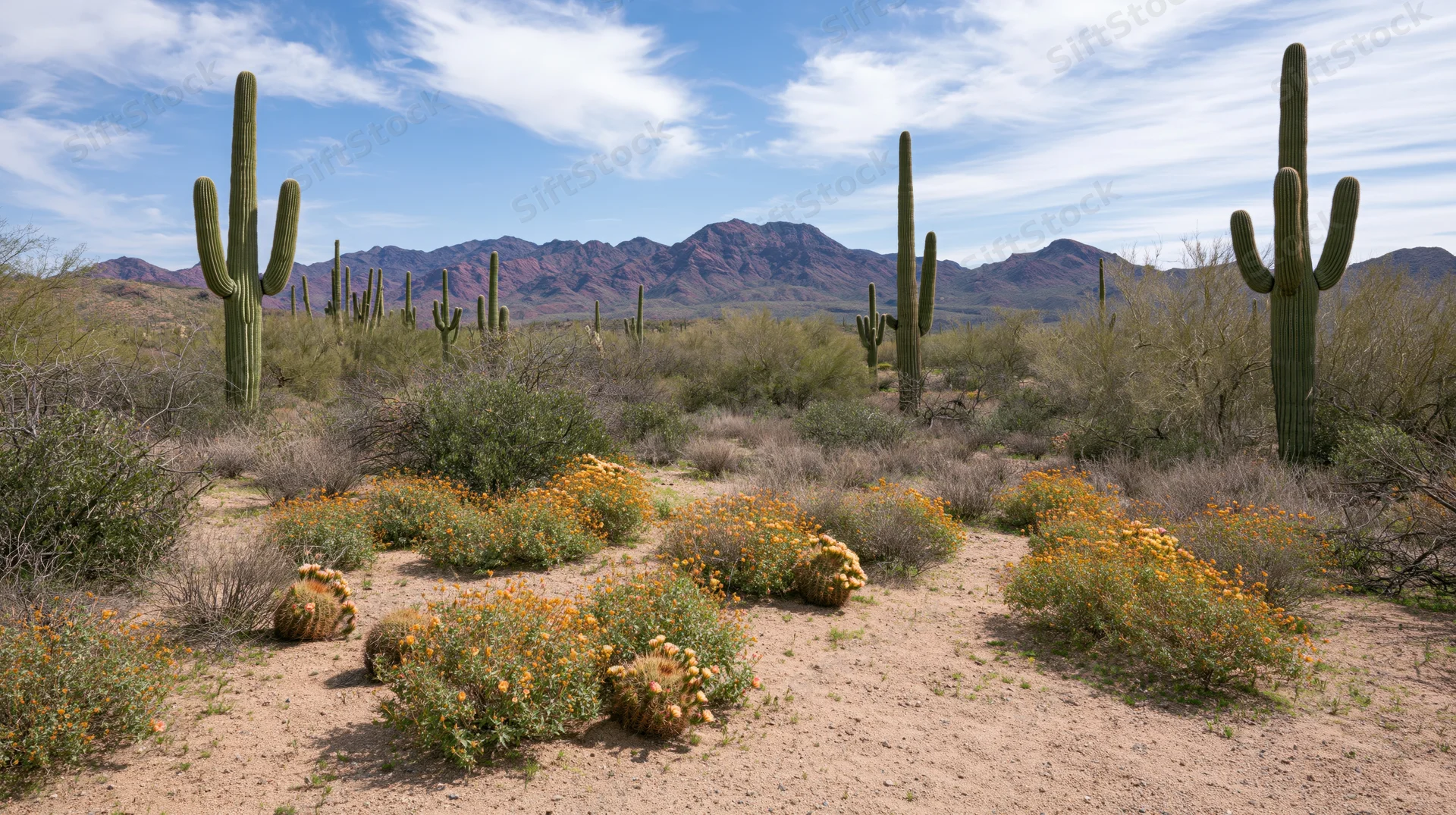 Saguaro cacti and blooming wildflowers in a desert landscape with distant mountains under a blue sky