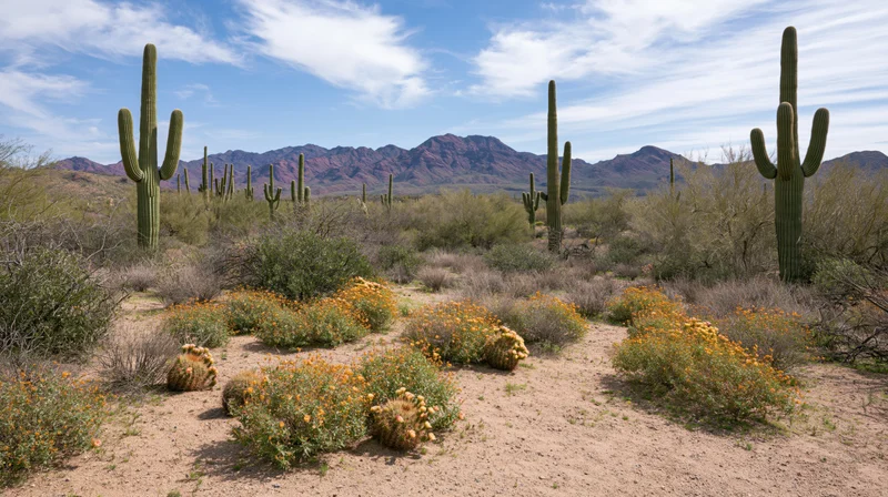 Saguaro cacti and blooming wildflowers in a desert landscape with distant mountains under a blue sky