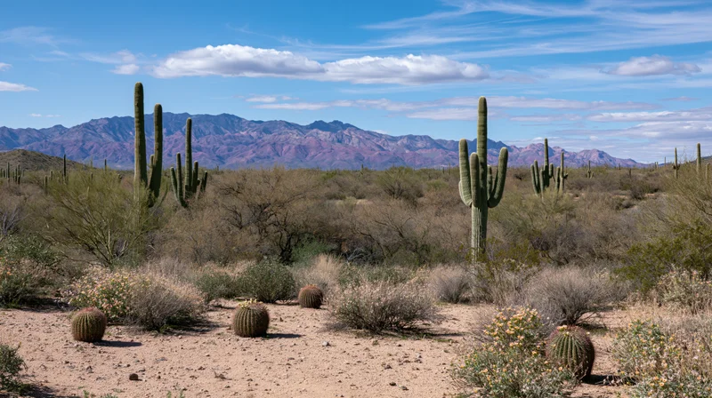 Saguaro and barrel cacti growing in a desert landscape with mountains in the background