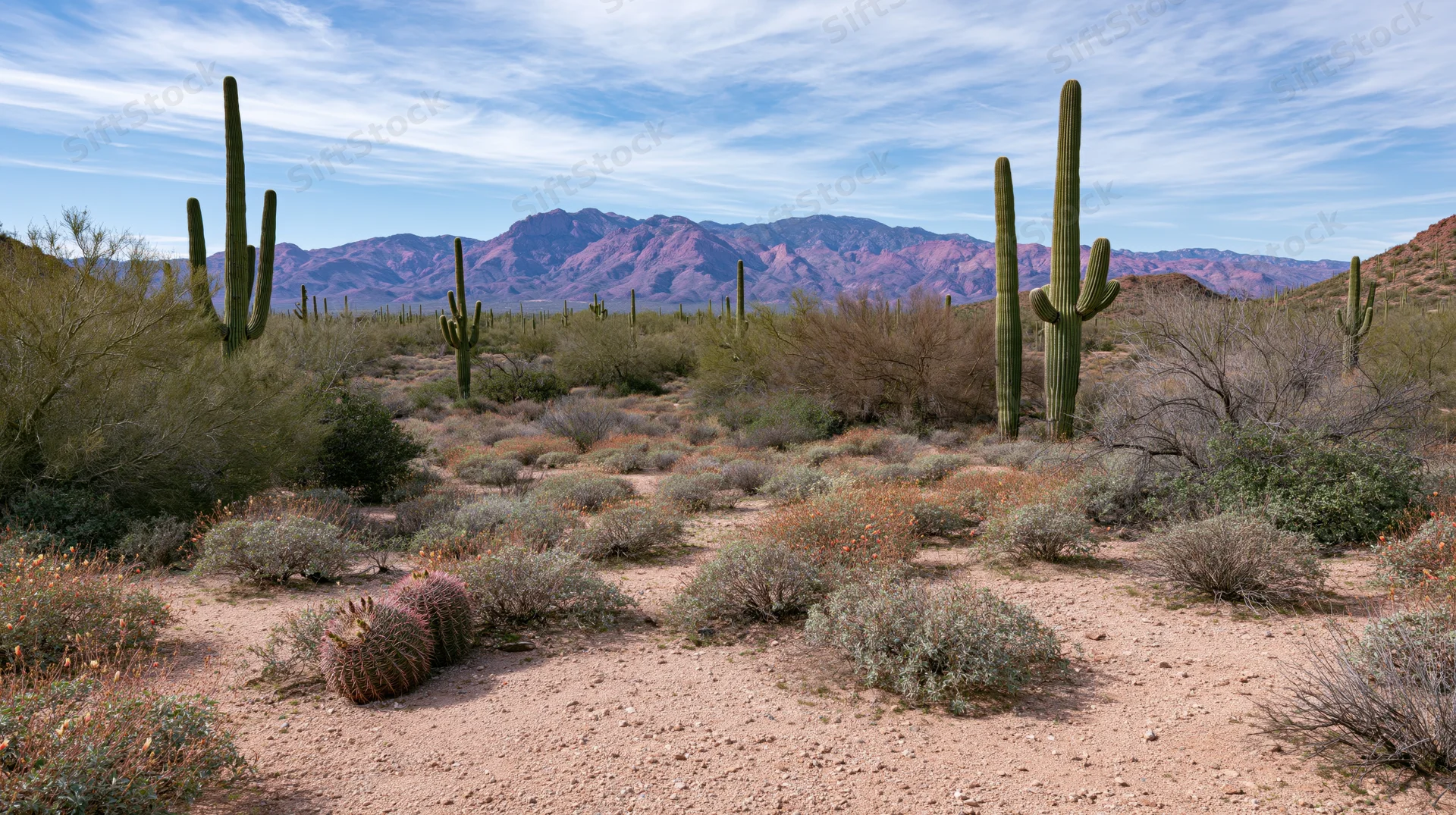 Saguaro cacti and shrubs in a desert landscape with red rock mountains in the background