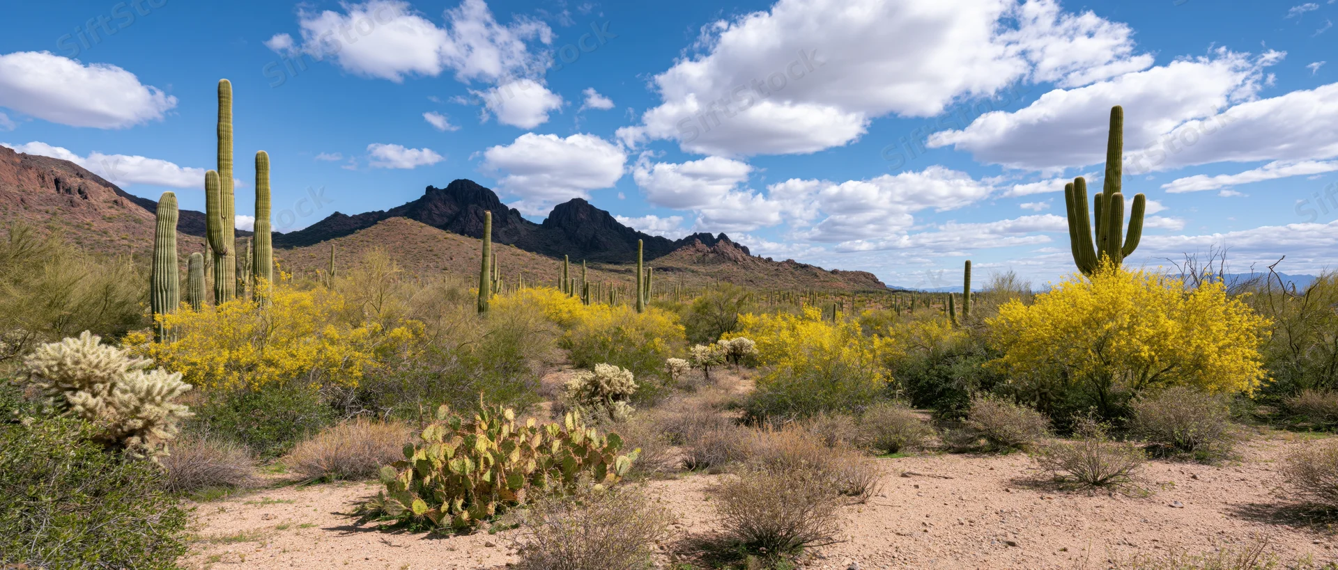 Saguaro cacti and blooming palo verde trees in desert landscape with mountains under blue sky
