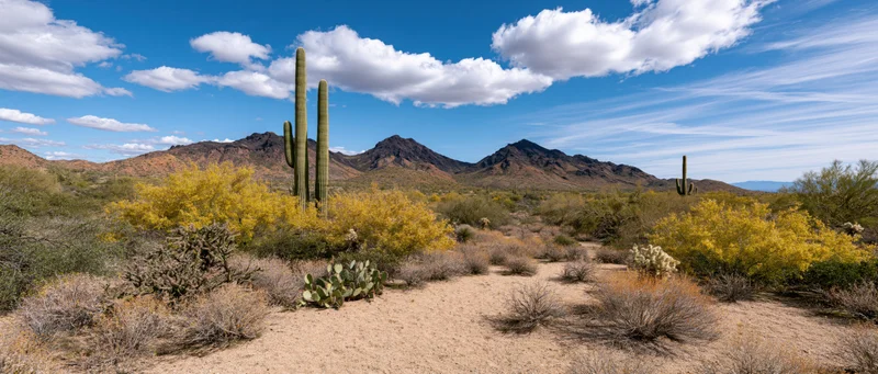 Saguaro cactus standing in desert landscape with yellow shrubs and distant mountains under blue sky
